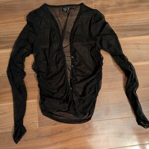 Simons Black Sheer Mesh Button-Front Top